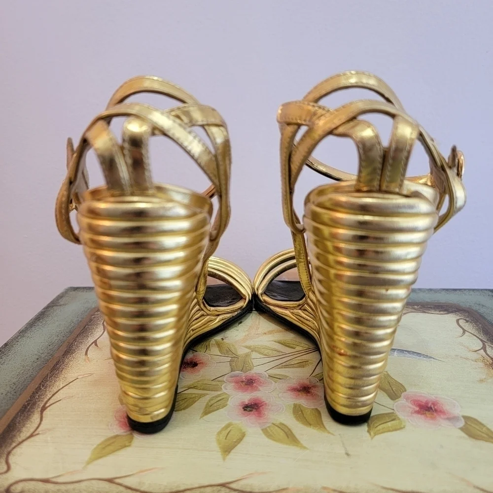 Pierre Hardy Gold Metallic Leather Wedge Strappy Sandal Size 36.5 - Picture 5 of 10